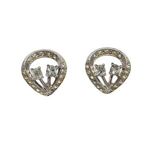 Vintage Silver Tone Teardrop Clip On Earrings With Clear Rhinestones